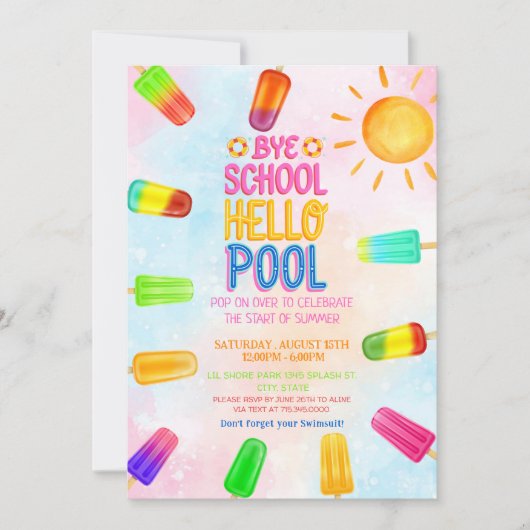 Invitation Cute Bye école bonjour piscine fête (Devant)
