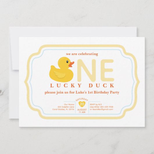 Invitation Cute canard en caoutchouc jaune 1ère fête d'annive (Devant)