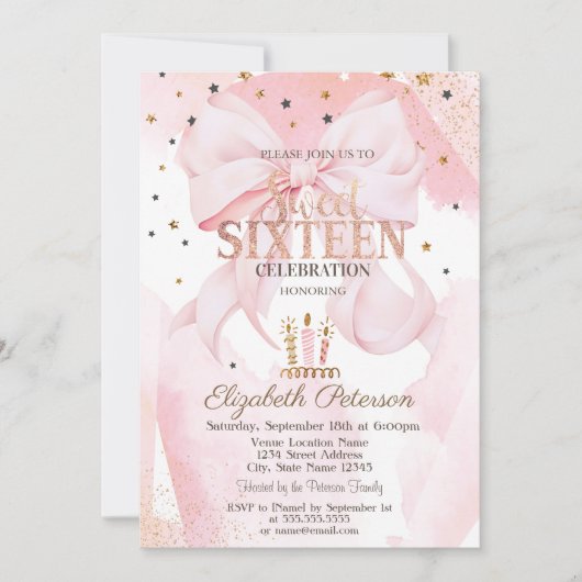 Invitation Cute Candles Stars Pink Bow Sweet 16 (Devant)