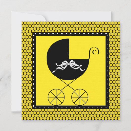 Invitation Cute Carriage Baby shower noir et jaune (Devant)
