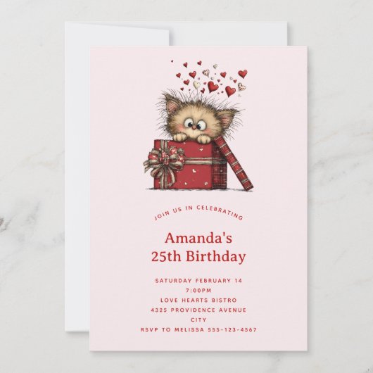 Invitation Cute Cartoon Kitten in a Box with Hearts Birthday (Devant)