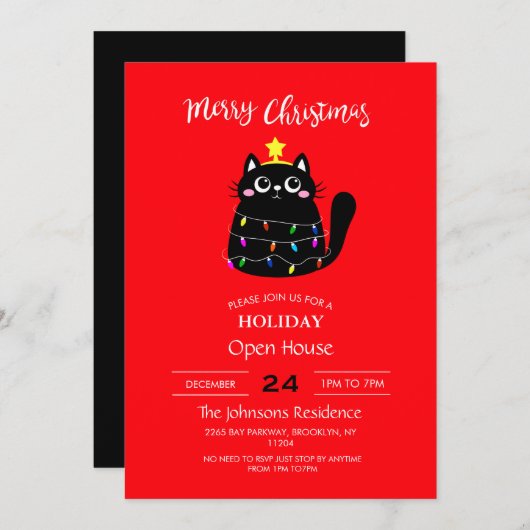 Invitation Cute cartoon noir Cat Christmas tree (Devant / Derrière)