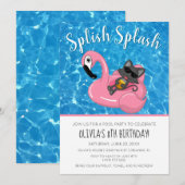 Invitation Cute Cat Flamant rose Enfants Piscine fête Anniver (Devant / Derrière)