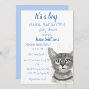 Invitation Cute Cat Kitty Kitten Blue Baby boy shower Invitat