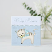 Invitation Cute Cat, Pearls & Hearts Blue Baby Boy Show (Debout devant)