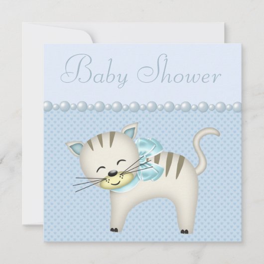 Invitation Cute Cat, Pearls & Hearts Blue Baby Boy Show (Devant)