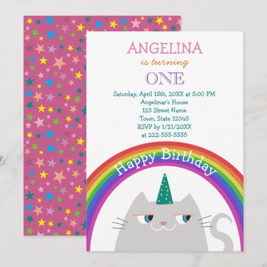Invitation Cute Cat Unicorn fille 1er anniversaire (Devant / Derrière)