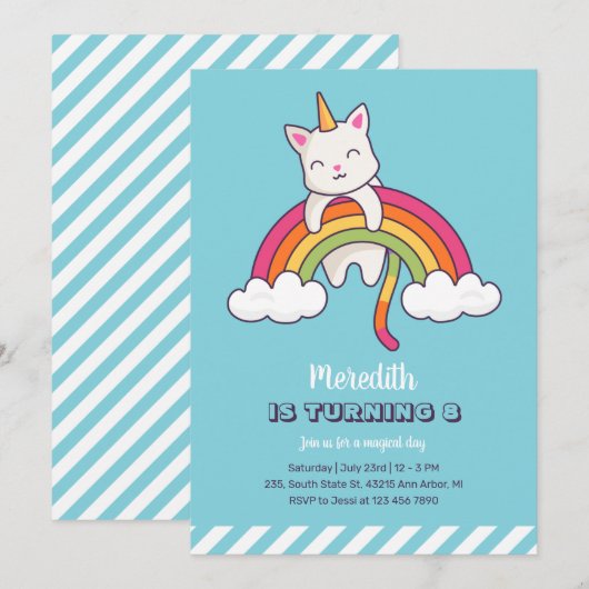 Invitation Cute Cat Unicorn Rainbow Girl Anniversaire (Devant / Derrière)