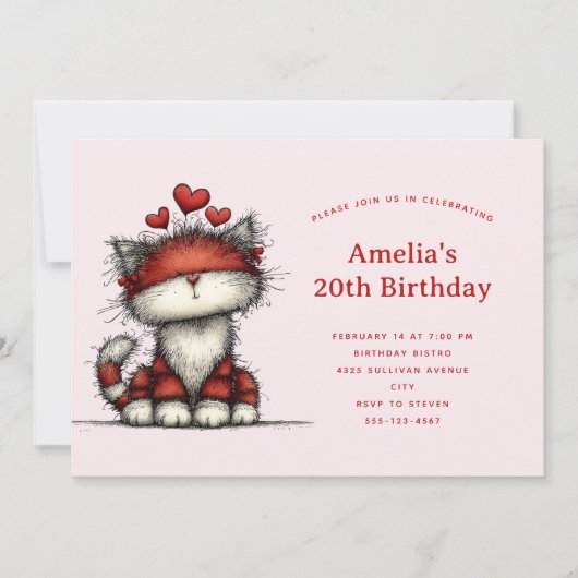 Invitation Cute Cat with Red Love Hearts Birthday (Devant)