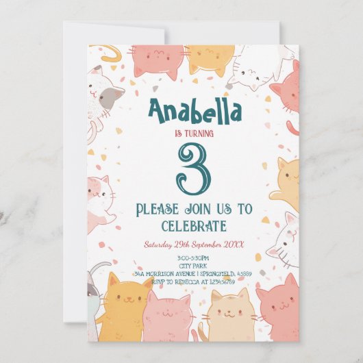 Invitation Cute Cats I Anniversaire de enfant Party (Devant)