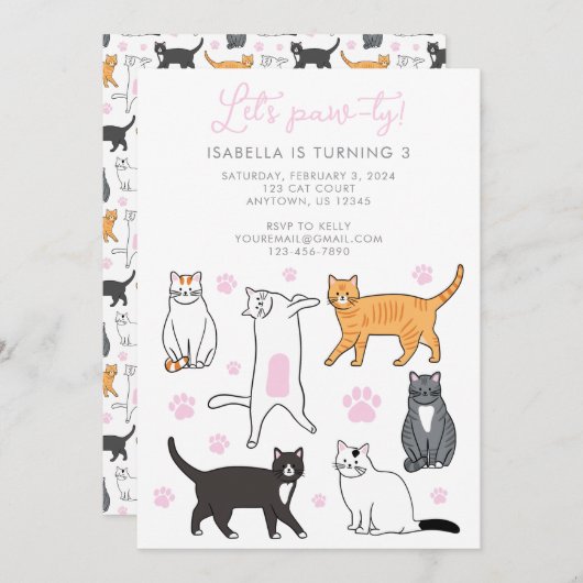 Invitation Cute Cats Let's Pawty Anniversaire de enfant Invit (Devant / Derrière)