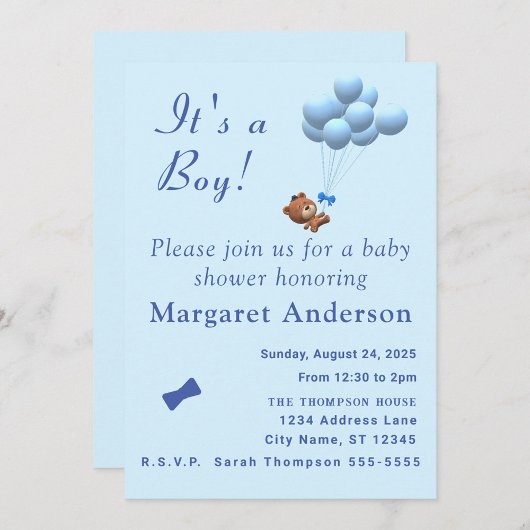 Invitation Cute C'est un garçon ours en peluche et des ballon