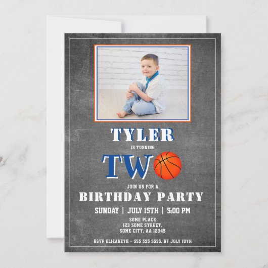Invitation Cute Chalkboard Basketball Photo 2e anniversaire (Devant)