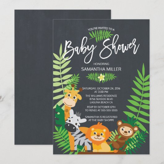 Invitation Cute Chalkboard Jungle Baby shower Safari (Devant / Derrière)