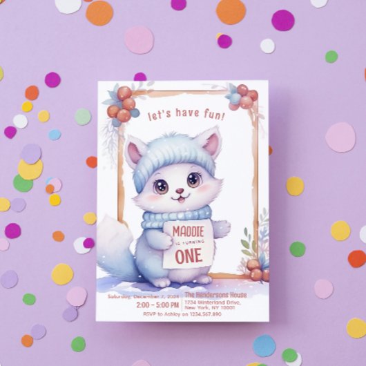 Invitation Cute Chat Automne Hiver Personnalisé Anniversaire