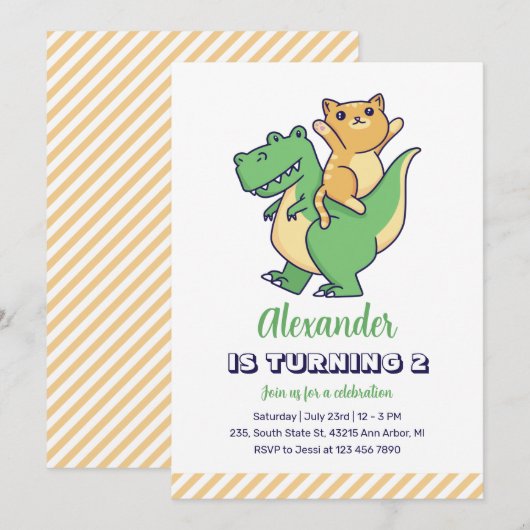 Invitation Cute Chat équitation T-Rex Dinosaur Enfants Dino A (Devant / Derrière)
