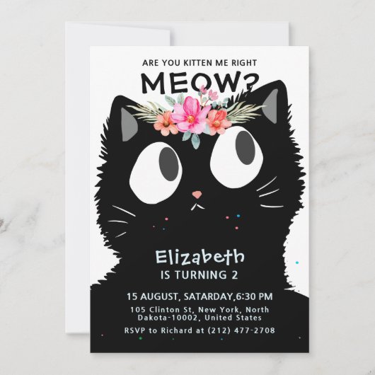Invitation Cute Chat Kitten Meow Floral Couronne fête d'anniv (Devant)