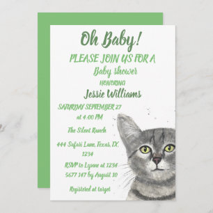Invitation Cute Chat Kitty Kitten Green Baby boy Girl Invitat