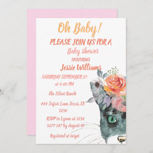 Invitation Cute Chat Kitty Kitten Rose Floral Baby Girl Boho