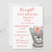 Invitation Cute Chat Kitty Kitten Rose Floral Baby Girl Boho (Devant)