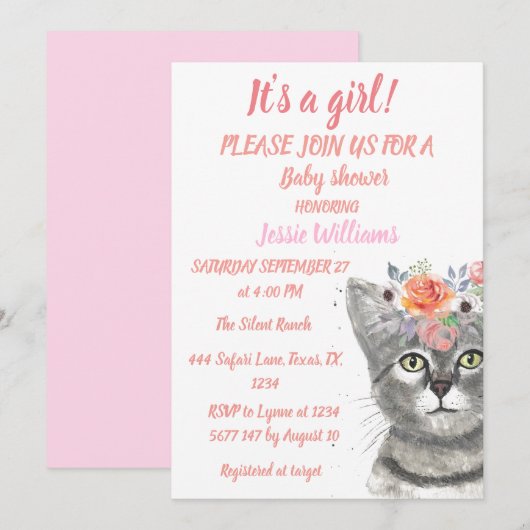 Invitation Cute Chat Kitty Kitten Rose Floral Baby Girl Boho (Devant / Derrière)