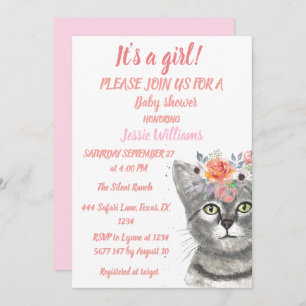 Invitation Cute Chat Kitty Kitten Rose Floral Baby Girl Boho