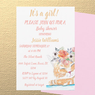 Invitation Cute Chat Kitty Kitten Rose Floral Baby Girl Boho