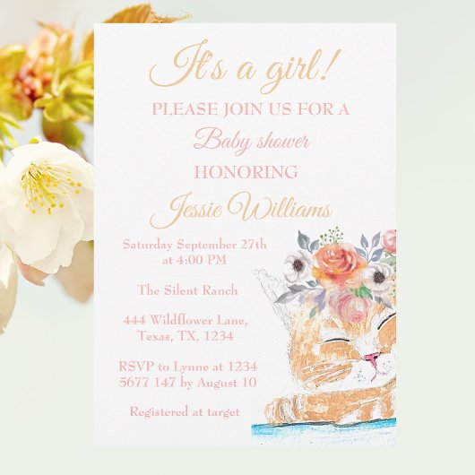 Invitation Cute Chat Kitty Kitten Rose Floral Baby Girl Boho