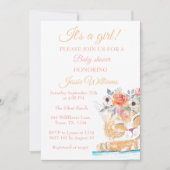 Invitation Cute Chat Kitty Kitten Rose Floral Baby Girl Boho (Devant)