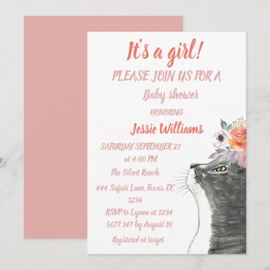 Invitation Cute Chat Kitty Kitten Rose Girl Baby shower Invit (Devant / Derrière)
