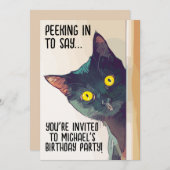 INVITATION CUTE CHAT NOIR ENTRETIENS DE FÊTE D'ANNIVERSAIRE (Devant / Derrière)