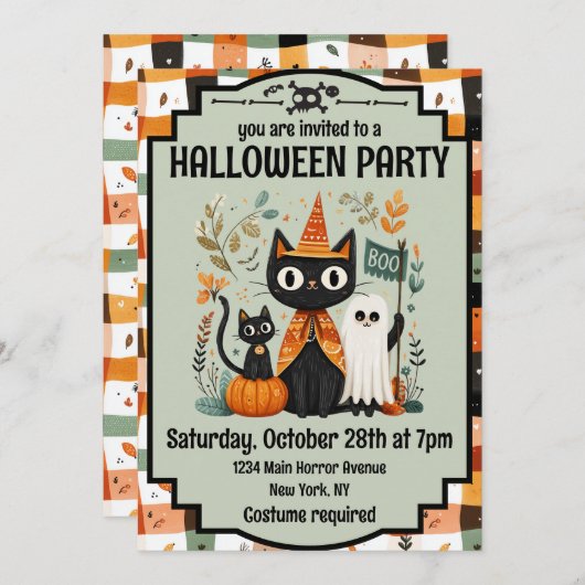 Invitation Cute chat noir et fantôme Halloween Boo (Devant / Derrière)