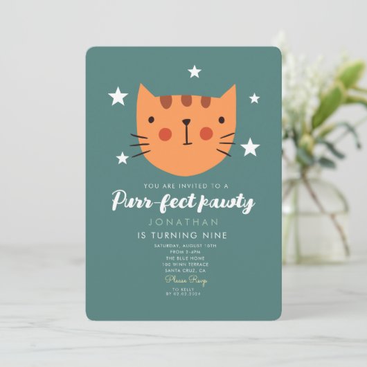 Invitation Cute Chat Orange Vert Anniversaire (Debout devant)