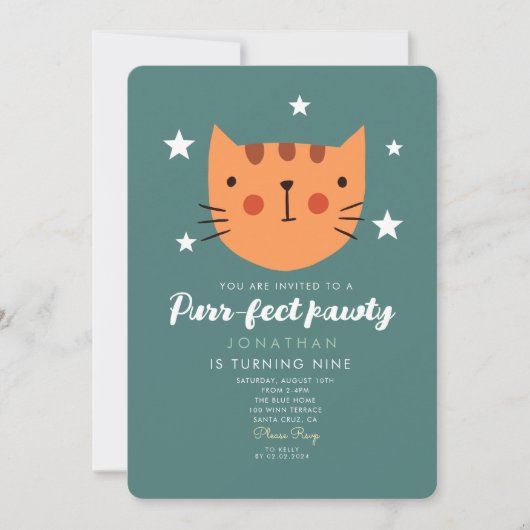 Invitation Cute Chat Orange Vert Anniversaire (Devant)