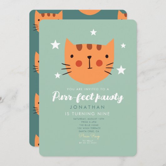 Invitation Cute Chat Orange Vert Anniversaire (Devant / Derrière)