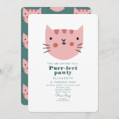 Invitation Cute Chat Rose Vert Anniversaire (Devant / Derrière)