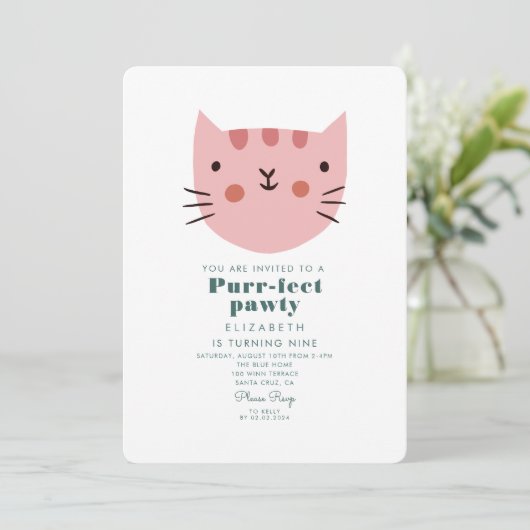 Invitation Cute Chat Rose Vert Anniversaire (Debout devant)