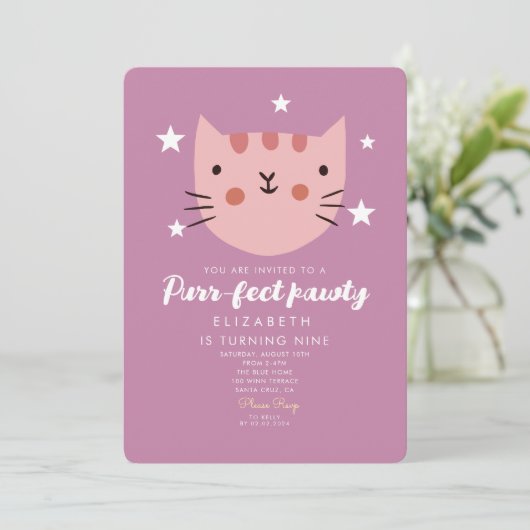 Invitation Cute Chat Rose Vert Anniversaire (Debout devant)