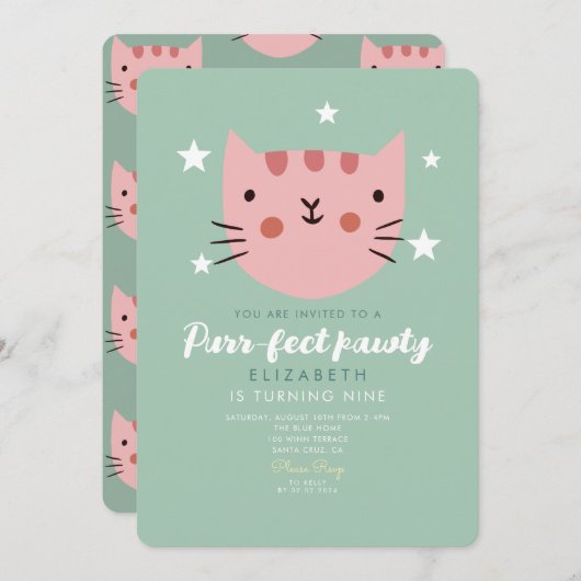 Invitation Cute Chat Rose Vert Anniversaire (Devant / Derrière)