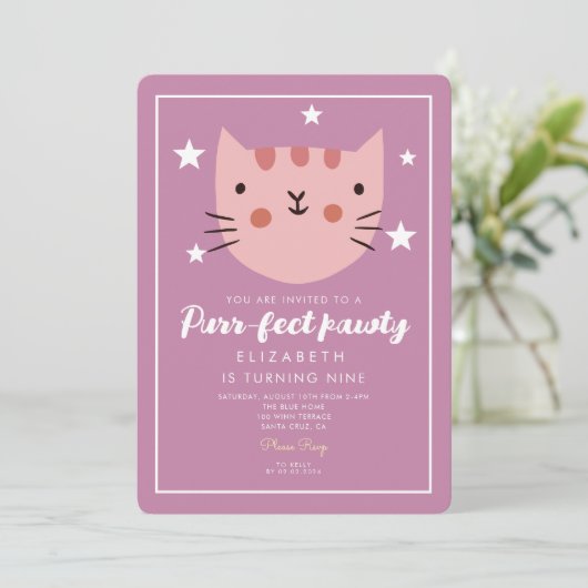 Invitation Cute Chat Rose Vert Anniversaire (Debout devant)