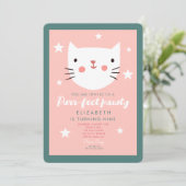 Invitation Cute Chat Rose Vert Violet Étoiles Anniversaire (Debout devant)