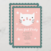 Invitation Cute Chat Rose Vert Violet Étoiles Anniversaire (Devant / Derrière)