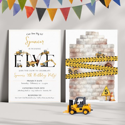 Invitation Cute Chauffage de construction Camion 5e anniversa