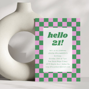 Invitation Cute Checkerboard rose Vert 21e fête d'anniversair