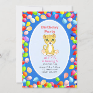Invitation Cute Cheetah & Balloons 5e fête d'anniversaire