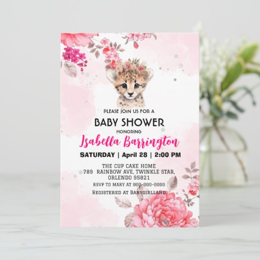 Invitation Cute Cheetah petit fleurs roses baby showers fille (Debout devant)