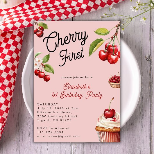 Invitation Cute Cherry First 1st Girl Anniversaire rose