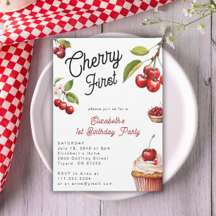 Invitation Cute Cherry First 1st Girl Birthday