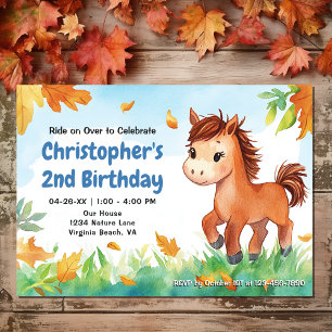 Invitation Cute Cheval et Feuilles automnales Anniversaire