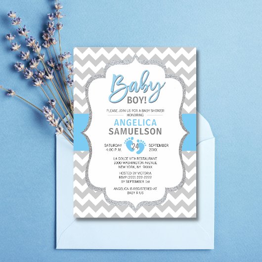 Invitation Cute Chevron Blue Grey Pieds Baby shower GARY
